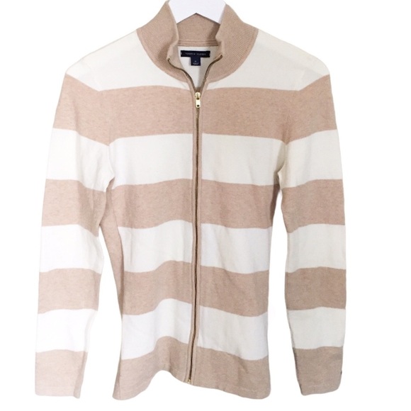TOMMY HILFIGER Stripe School Preppy Cardigan With Zipper Knit Tan/Beige Medium - Picture 1 of 9
